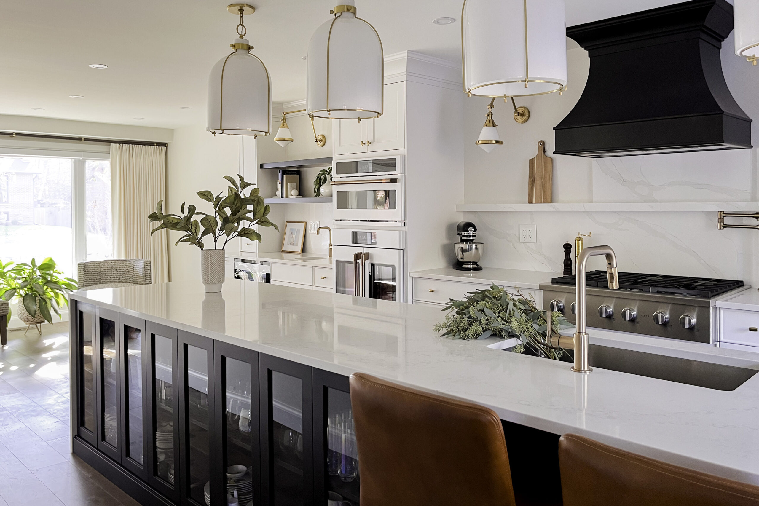 Lockwood Kitchen 4 Lockwood Kitchen Remodel, Wood Cabinets, White Trim, Chandelier, White Counter, leather Chair, custom design, interior design, interior decorating, Jennifer Teeple Design Inc. London Ontario
