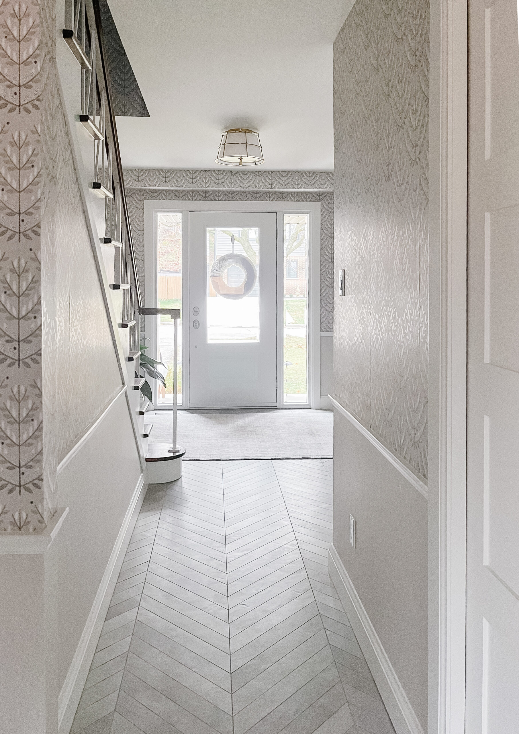 Lockwood Hall entry, white tile, front door, windows, wallpaper, custom design, interior design, interior decorating, Jennifer Teeple Design Inc. London Ontario